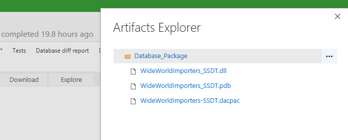 In Artifacts explorer, the Database_Package folder is expanded. Within the folder are the following files: WideWorldImporters_SSDT.dll; WideWorldImporters_SSDT.pdb; WideWorldImporters_SSDT.dacap